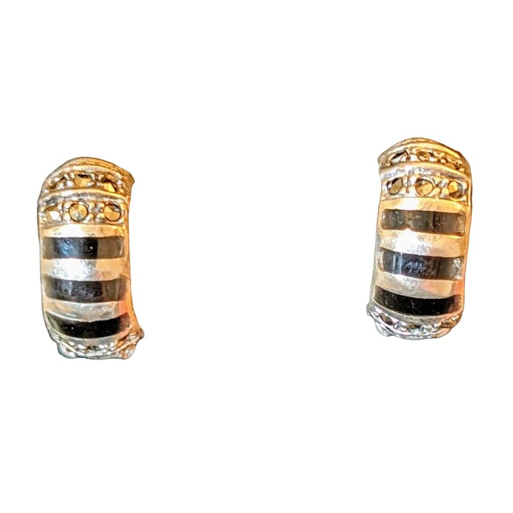 Vintage Marked 925 Sterling Black Onyx & Marcasite Clip On Earrings